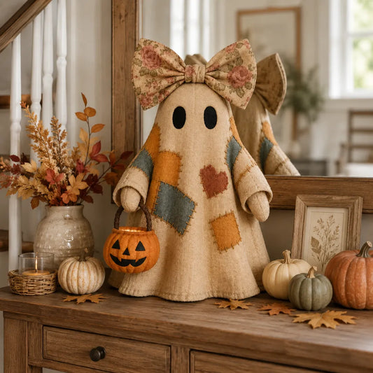 Fantôme vintage patchwork illuminé – décoration de table pour Halloween à la lueur ambrée chaleureuse | Style champêtre