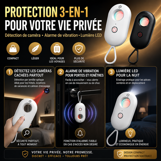 🔍 Détecteur de caméras cachées 3-en-1 – Alarme vibrante & Lampe LED intégrée