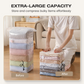 🧳💨 Sacs de rangement sous vide sans pompe : il suffit de presser et de sceller, sans pompe. Gain de place de 80 %, vêtements secs et sans poussière. Idéal pour le linge de lit encombrant et les vêtements saisonniers. 🛏️🗄️
